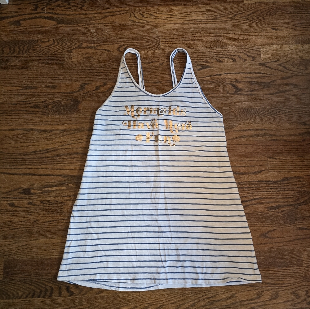 Miken L " Mermaids Have More Fun" Blue & White Striped Swim Cover-Up